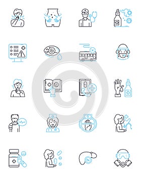 COVID-19 therapy linear icons set. Antibodies, Remdesivir, Convalescent, Ventilator, Plasma, Oxygen, Hydroxychloroquine photo