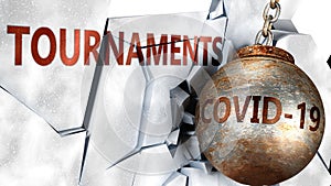 Covid and tournaments,  symbolized by the coronavirus virus destroying word tournaments to picture that the virus affects photo