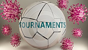 Covid-19 and tournaments, symbolized by viruses destroying word tournaments to picture that coronavirus pandemic affects photo