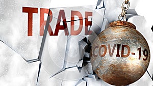 Covid and trade,  symbolized by the coronavirus virus destroying word trade to picture that the virus affects trade and leads to