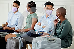 Covid, travel and compliance, men and women at airport with mask waiting for an airplane. Safety, security and diversity
