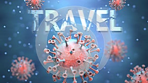 Covid and travel, pictured as red viruses attacking word travel to symbolize turmoil, global world problems and the relation