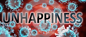 Covid and unhappiness, pictured by word unhappiness and viruses to symbolize that unhappiness is related to corona pandemic and