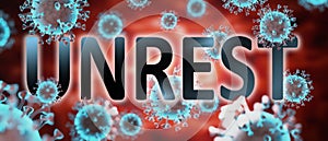 Covid and unrest, pictured by word unrest and viruses to symbolize that unrest is related to corona pandemic and that epidemic photo