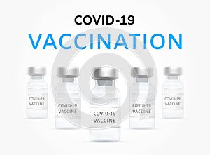 COVID-19 Vaccination Banner. Vaccine bottles are in a row and one in the center is selected. Vaccination Campaign Concept.