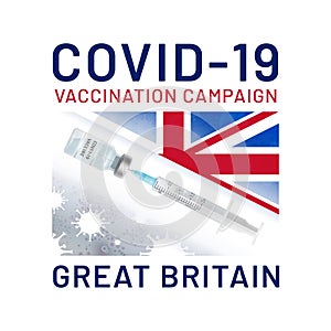 Covid-19 Vaccination Campaign in the United Kingdom. Vaccine drawn syringe from ampoule on the background of coronavirus cells and