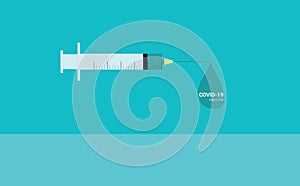 COVID-19 vaccine concept. Drop hanging on syringe needle