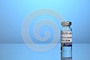 Covid Vaccine Jar on Blue Gradient Background with Copyspace