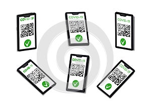 Covid vaccine QR code. Phone pass. Green mobile certificate app. Card scan. Travel digital application screen