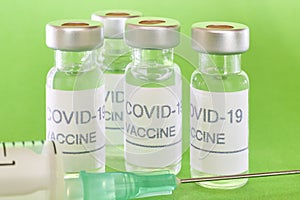Covid-19 vaccine vials. Coronavirus pandemic infection. Prevention vaccination