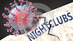 Covid virus destroying nightclubs - big corona virus breaking a solid, sturdy and established nightclubs structure, to symbolize