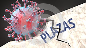 Covid virus destroying plazas - big corona virus breaking a solid, sturdy and established plazas structure, to symbolize problems photo