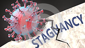 Covid virus destroying stagnancy - big corona virus breaking a solid, sturdy and established stagnancy structure, to symbolize photo