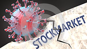 Covid virus destroying stockmarket - big corona virus breaking a solid, sturdy and established stockmarket structure, to symbolize