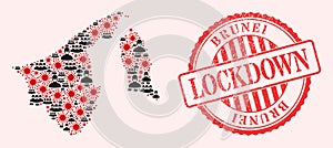 Covid Virus and Masked Men Mosaic Brunei Map and Lockdown Rubber Seal