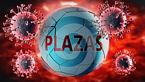 Covid-19 virus and plazas, symbolized by viruses destroying word plazas to picture that coronavirus outbreak destroys plazas and photo