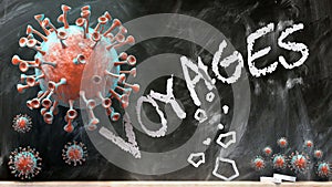 Covid and voyages - covid-19 viruses breaking and destroying voyages written on a school blackboard, 3d illustration