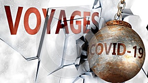 Covid and voyages,  symbolized by the coronavirus virus destroying word voyages to picture that the virus affects voyages and