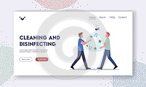Covid Waste Recycling Landing Page Template. Characters Carry Sack with Used Medical Mask and Coronavirus Cells Inside