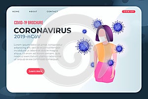 Covid19 brochure set of illustration, woman in medical mask and coronavirus molecules.