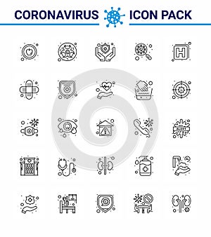 COVID19 corona virus contamination prevention. Blue icon 25 pack such as hospital, magnifying, medical, interfac, devirus