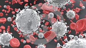 COVID19 Corona virus with spike glycoprotein are floating on bloodstream with red blood cells in vascular . 3D rendering