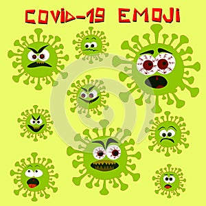 Covid19 coronavirus emojis vector set, different emotions