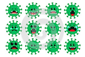 Covid19 coronavirus icon green vector set. Corona virus covid-19 cartoon emoji and emoticon.