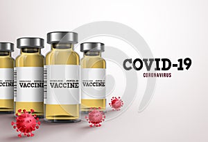 Covid19 coronavirus vaccine vector banner. Covid-19 text and vaccine bottles in white background