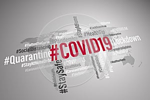 COVID19 world hashtag 3D illustration word cloud background concept. COVID 19 and Coronavirus  tag cloud on world map background.