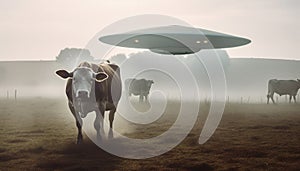 Cow abduction by aliens on a flying saucer in a field, generated AI