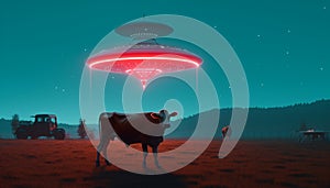 Cow abduction by aliens on a flying saucer in neon light at night in a field, generated by AI