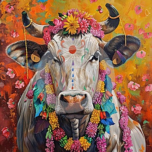 Cow Adorned with Diwali Garlands and Colorful Rangoli Background photo