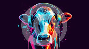A cow adorned with headphones, delving into the immersive world of sound, showcasing the fascinating intersection of