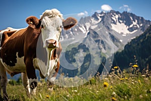 Cow on the alpine meadow with mountains in the background, Switzerland, Cow grazing in a mountain meadow in Alps mountains, AI