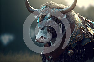 Cow animal portrait dressed as a warrior fighter or combatant soldier concept. Ai generated