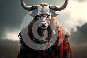 Cow animal portrait dressed as a warrior fighter or combatant soldier concept. Ai generated