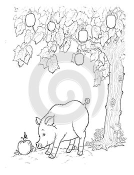 The pig and the apple tree coloring page