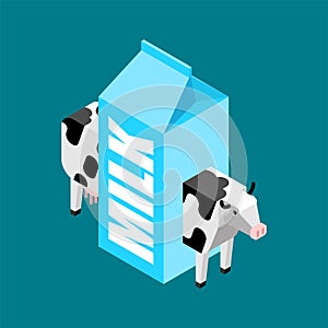 Cow and box of milk. Cow inside a milk package