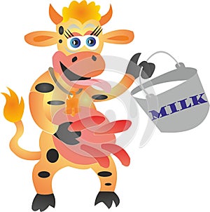 A cow with a bucket of milk