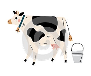 Cow and Bucket of Milk, Agriculture, Dairy Cattle Animal Husbandry Breeding Vector Illustration