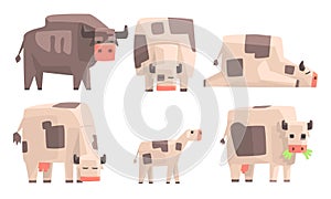 Cow, Bull and Calf Set, Geometric Farm Animals Vector Illustration