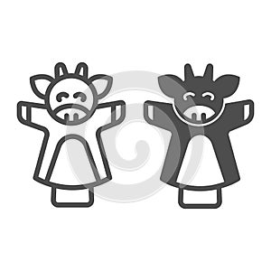 Cow, bull puppet on the hand line and solid icon, theater concept, puppet aminals vector sign on white background