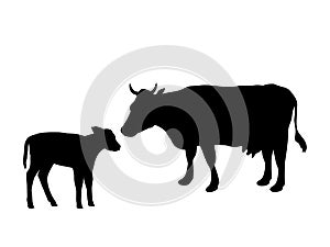 Cow and calf farm mammal black silhouette animal.