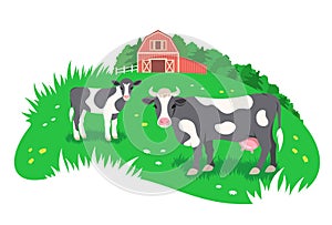 Cow with calf grazing near farm barn in the meadow simple flat illustration