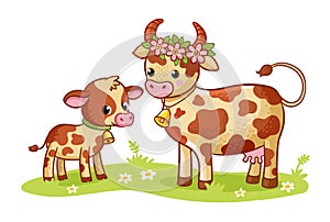 Cow with a calf is standing in a green meadow. Vector illustration in cartoon style on a farm theme