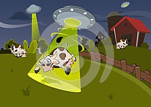 Cow captured by UFO cartoon