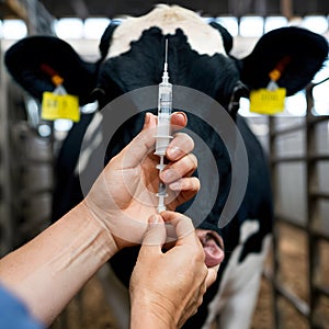 Cow care Vets hand holds syringe with medication for treatment