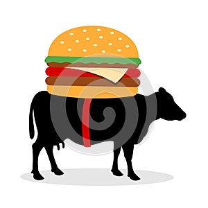 Cow is carrying hamburger on back. Animal and food with meat as product of food industry. Vector illustration isolated on white