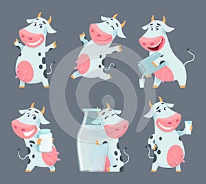Cow cartoon. Cute farm milk animal character in various action poses vector funny mascot